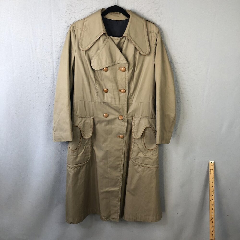 Vintage Trench Coat Womens 16 Tan Long Belted Double Breasted Pockets 70s